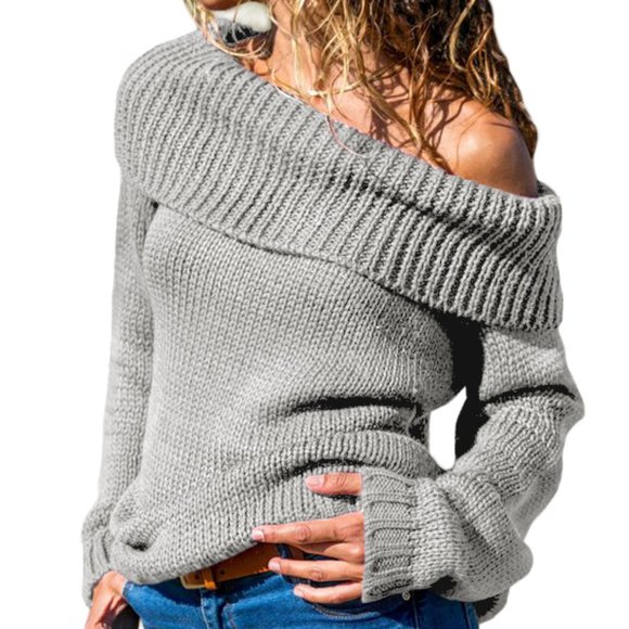 New Gray Turn-Down Off-the-Shoulder Sweater - Picture 1 of 7